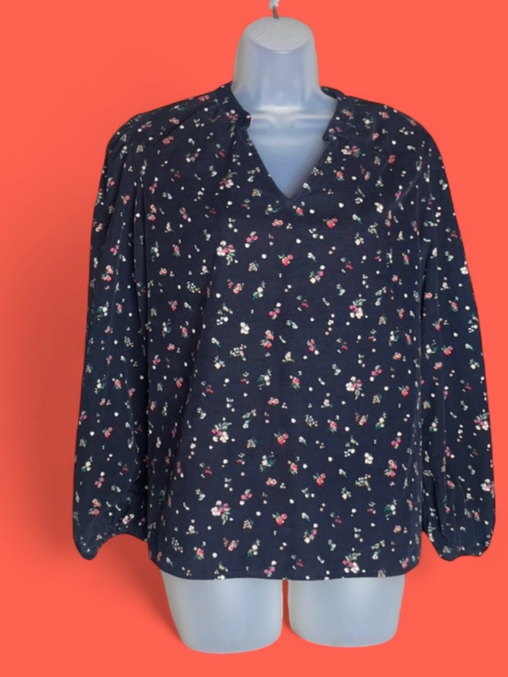Time and Tru Corduroy Floral V-Neck Long Balloon Sleeve Blouse